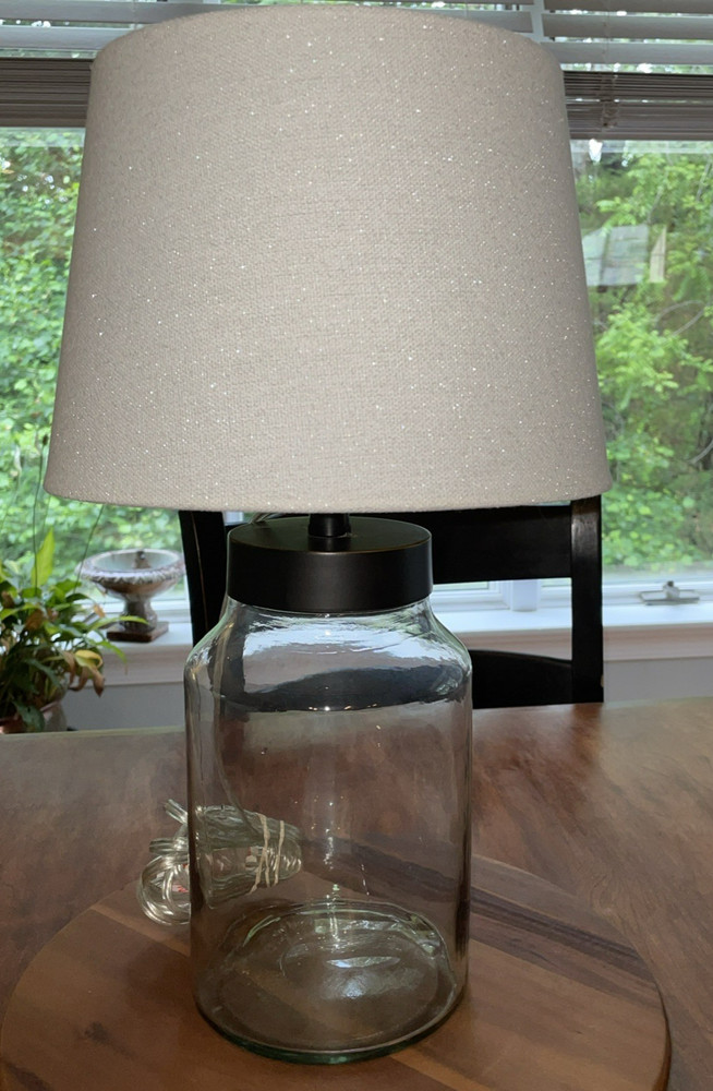 RARE Fillable Recycled Glass Table Bedside Lamp With Cross weave Shade Unique