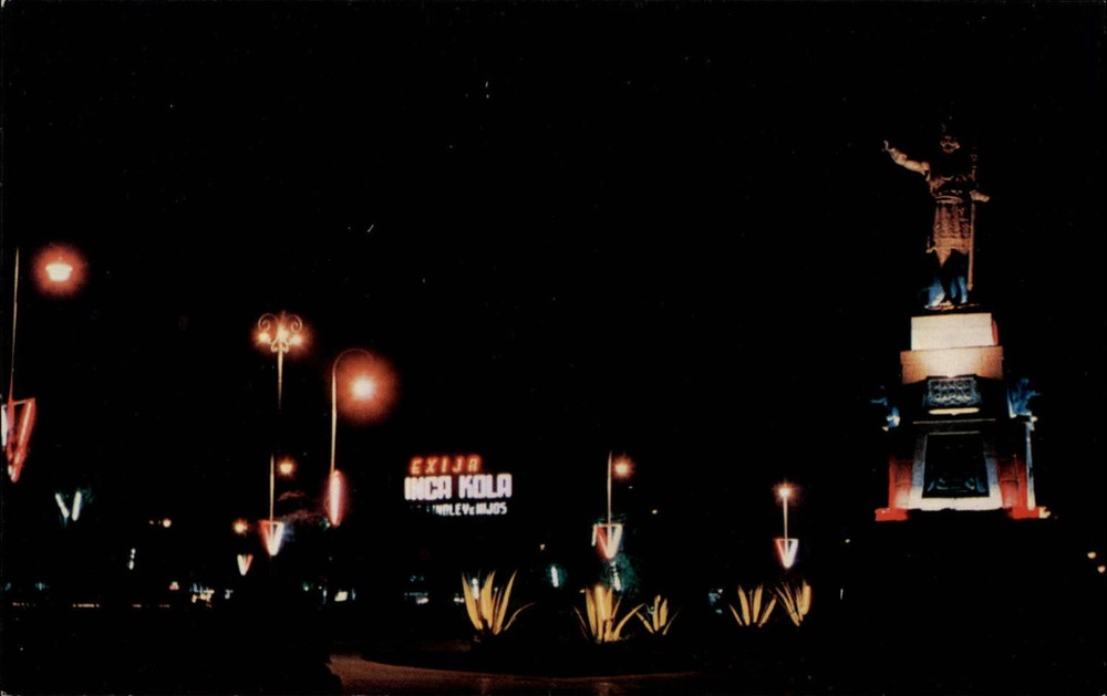 Manco Capac Inca Empire Monument Lima Peru night view ~ 1950s-60s postcard