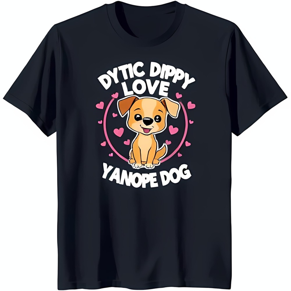 Adorable Black T-Shirt with Cute Cartoon Dog & Pink Hearts Graphic