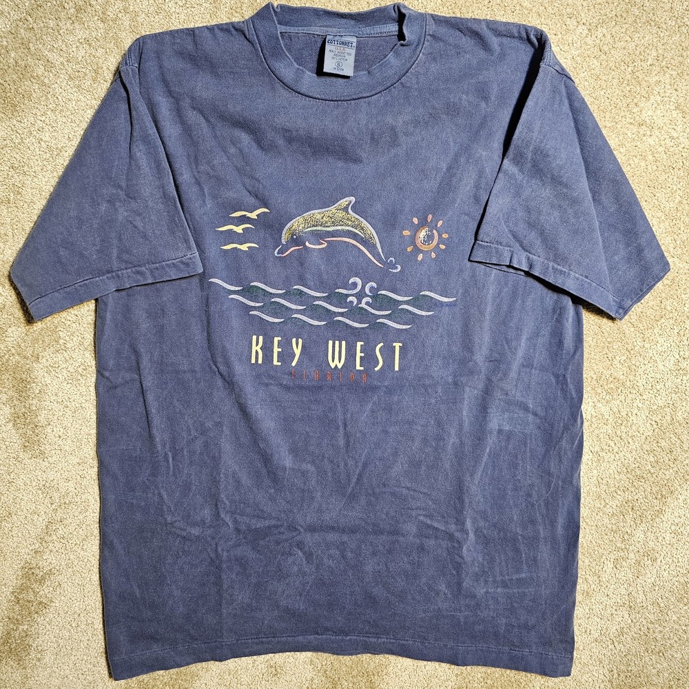 Vtg 90s Key West Florida Dolphin XL T-Shirt Blue Skate Ocean Art Single Stitch