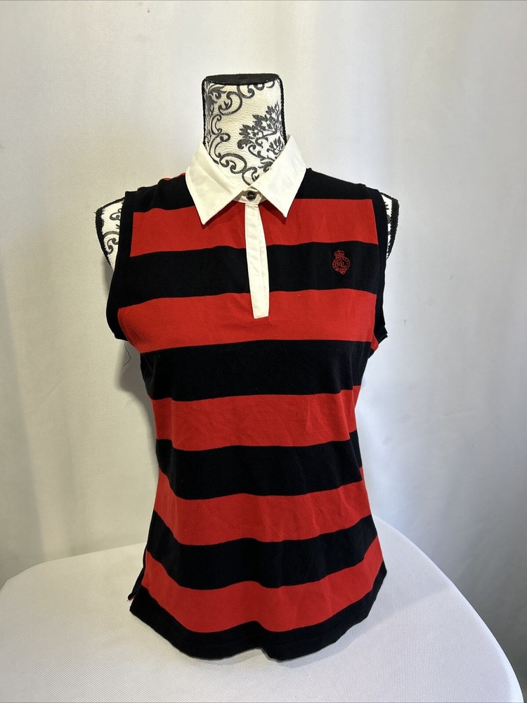 Lauren Ralph Lauren Active Black Red Collared Sleeveless Polo Tank Shirt Sz L