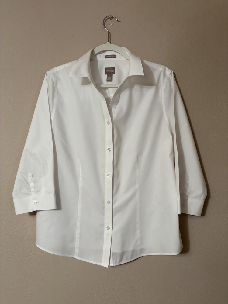 Chico’s White Wrinkle Resistant Button Down Shirt No-Iron Size 2 Large