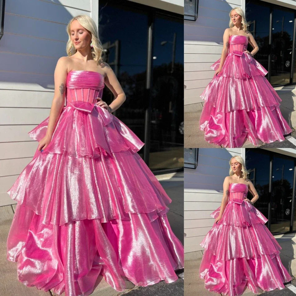 Prom Dresses Hot Pink Homecoming Ruffles Party Evening Dresses Backless with Bow