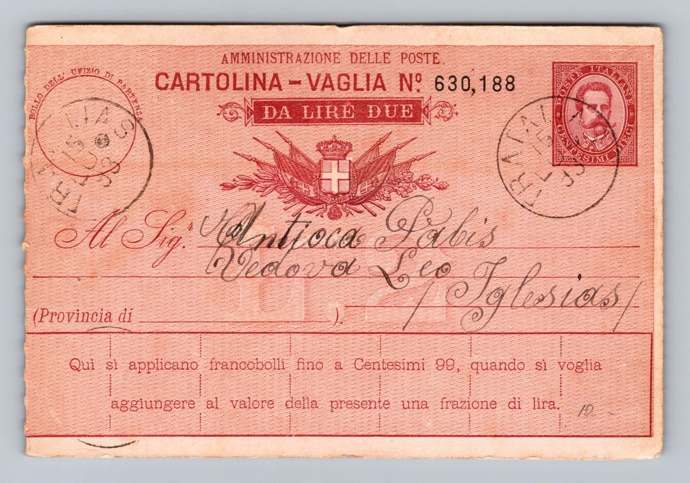 Italy- Sardinia Postal Money Order Standard Old Card PC Vintage c1893 Postcard