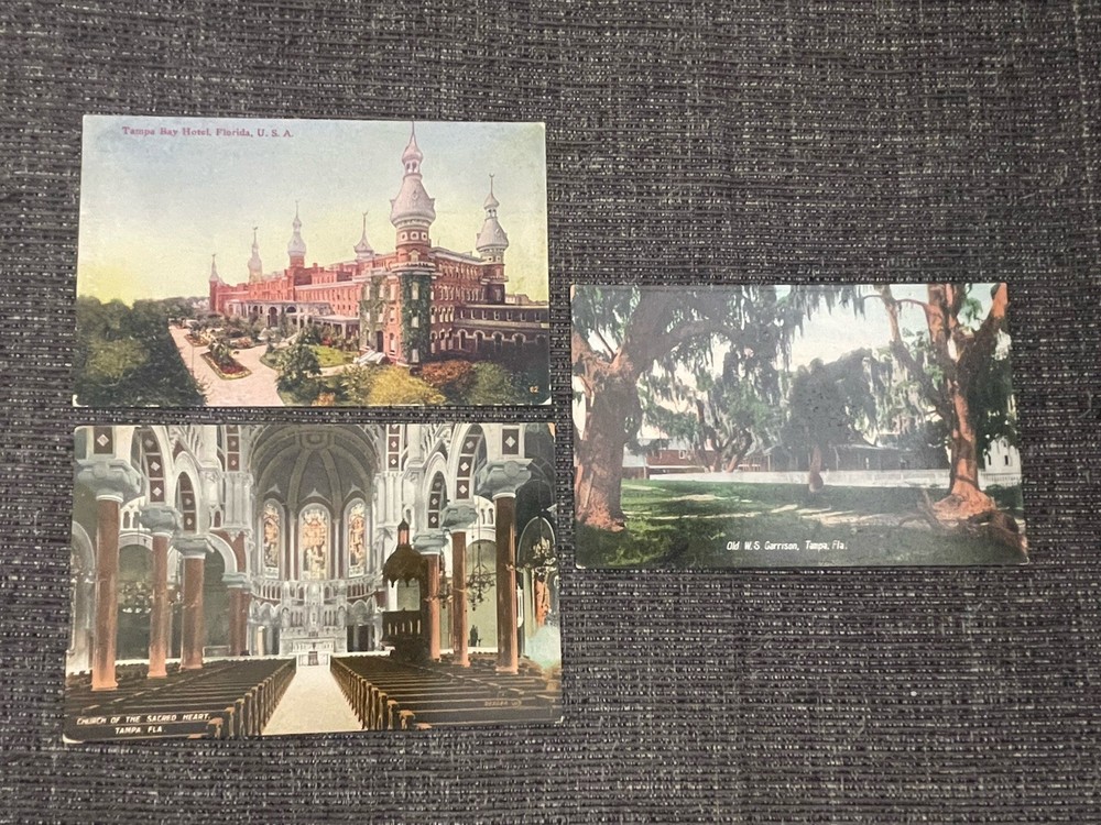 Antique Linen Postcards Tampa, FL~ Sacred Heart Church • Tampa Bay Hotel & More