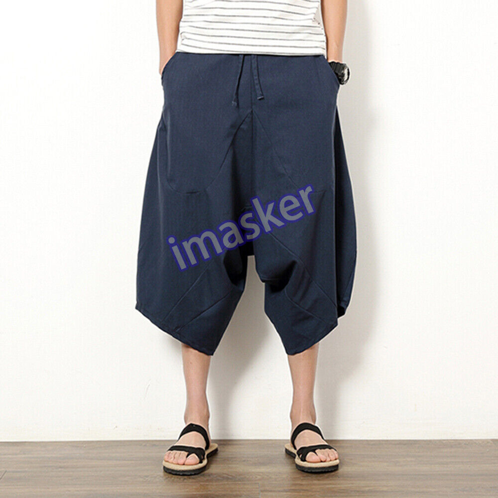 New Men Linen Wide Leg Pants Shorts Drop Crotch Harem Trousers Crop Loose