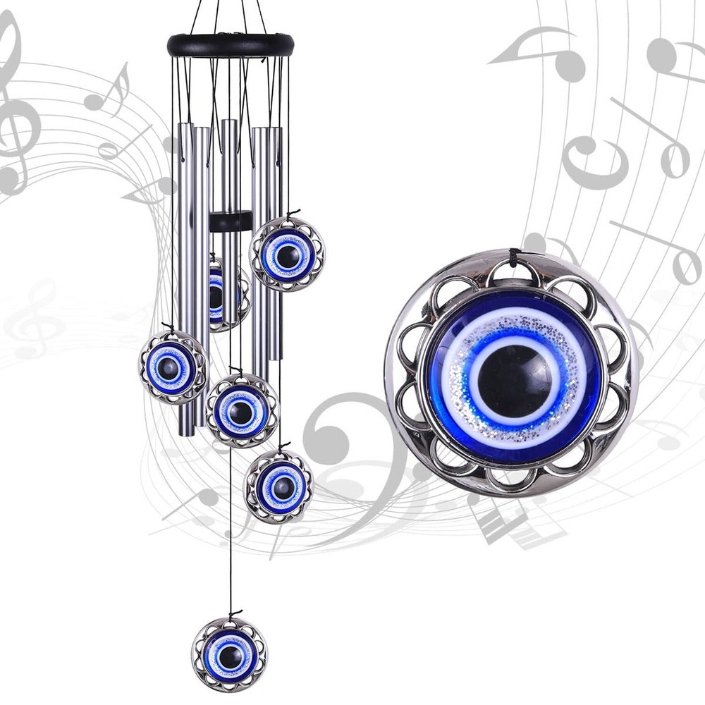 Blue Evil Eye Amulet Wind Chimes Outdoor Hanging Decor, Mobile Evil Eye Bless...