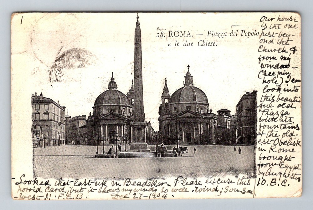 Italy- Rome Peoples Square Two Churches Flaminio Obelisk Vintage c1904 Postcard