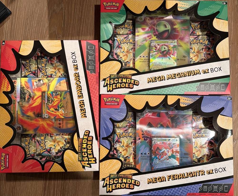 3 Pokemon TCG Ascended Heroes Mega ex Box Bundle Feraligatr Emboar Meganium New