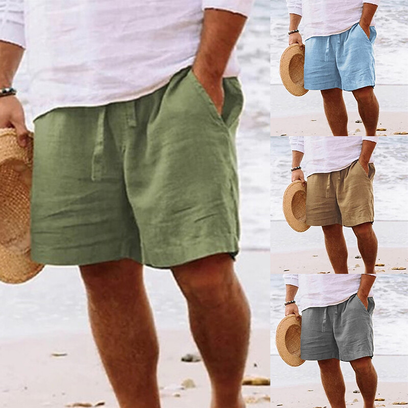 Mens Cotton Linen Shorts Summer Beach Hawaiian Drawstring Waist Short Pants