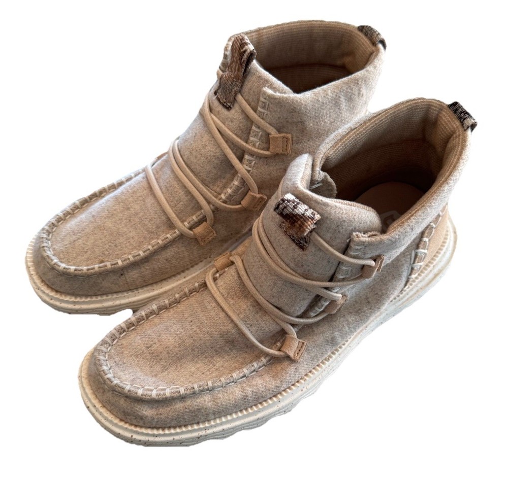 HEY DUDE Reyes Light Grey Wool & Cowhide Leather Boots Slip On Size 9W EUC