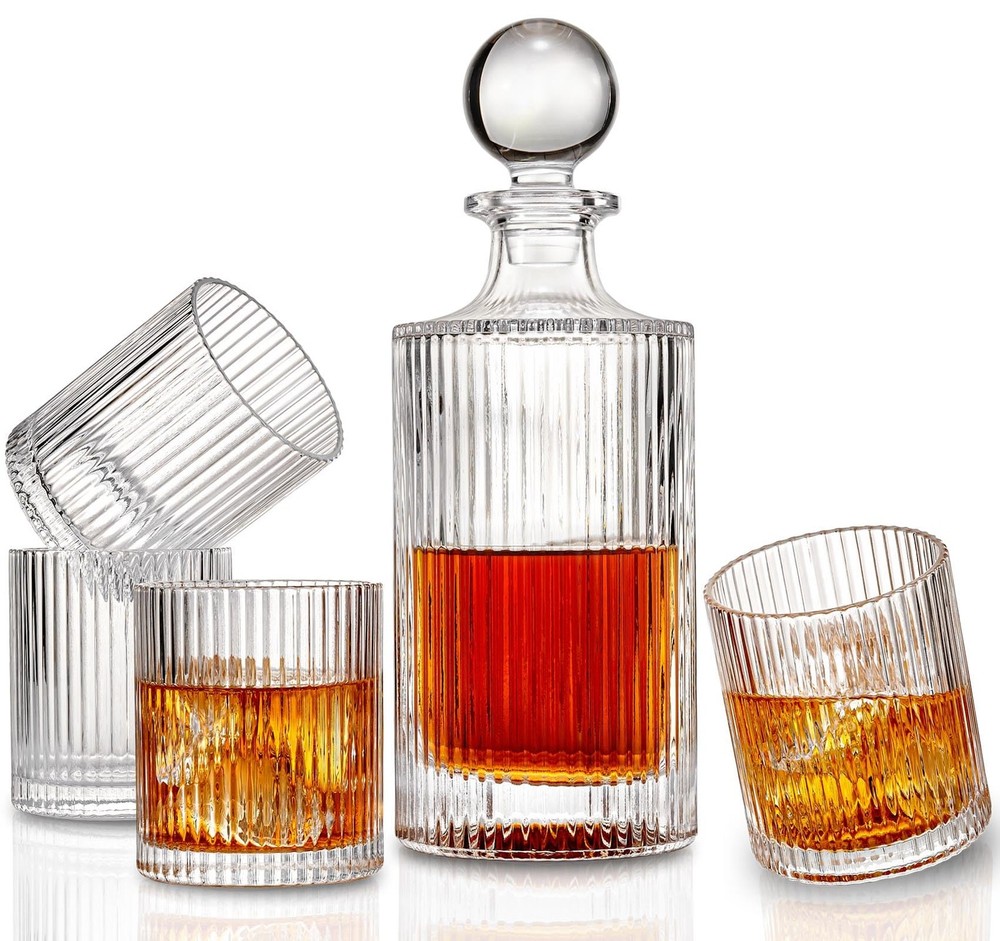 5PC Irish Crystal Whiskey Decanter Set with 4 Glasses