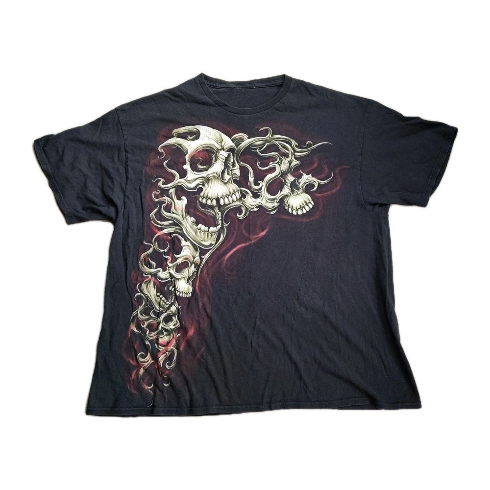 Flaming Skull Graphic T-Shirt Mens XL Black Grunge Gothic Skater