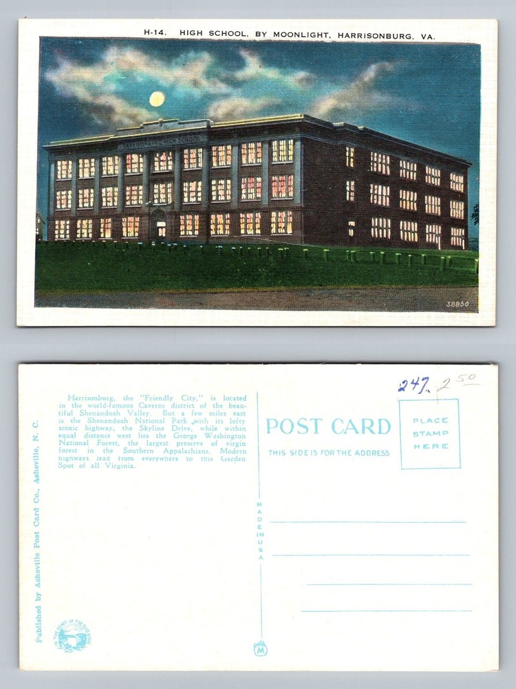 Harrisonburg, VA-Virginia, High School Moonlight Night View Vintage Postcard
