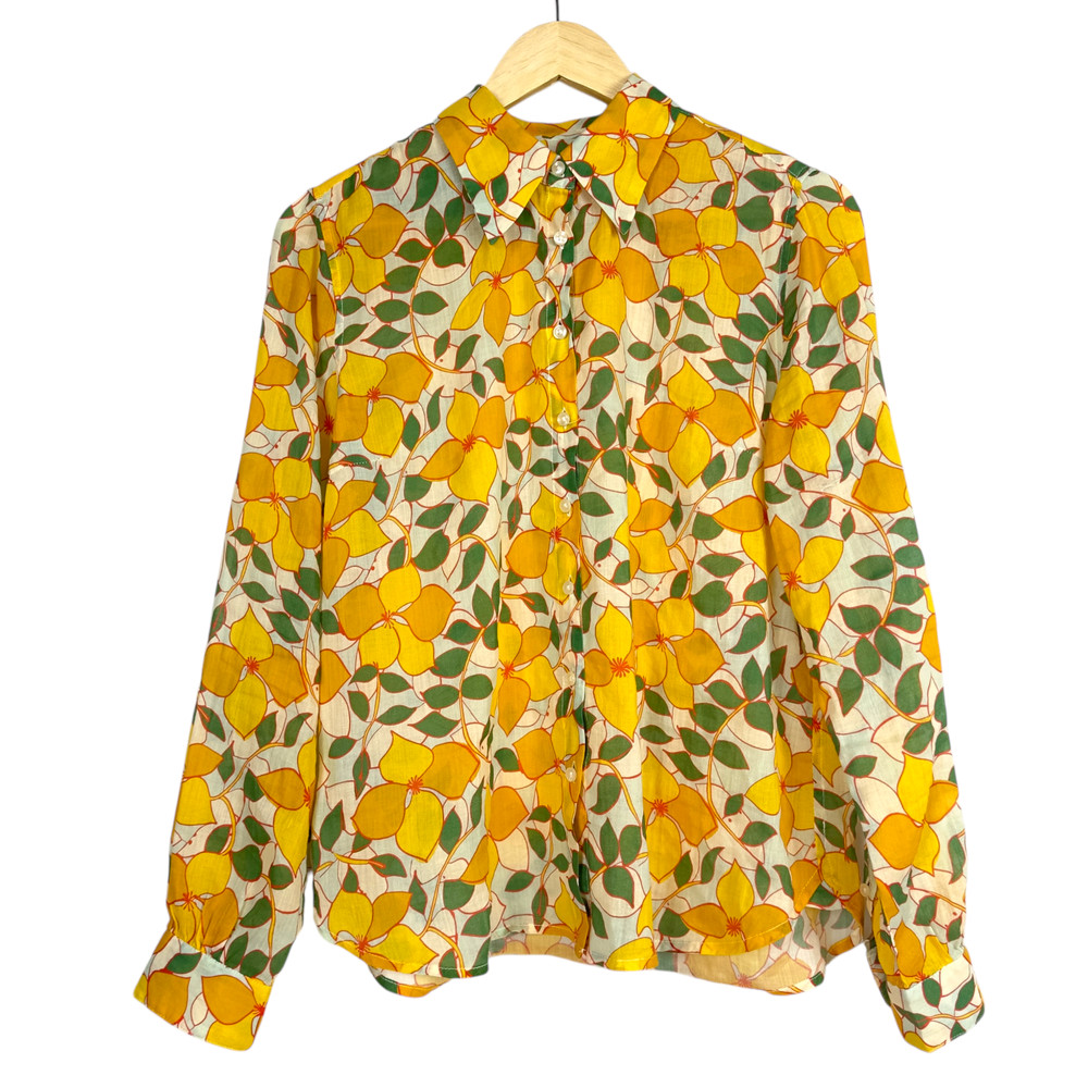 Trovata Birds of Paradis Yellow Floral Ramie Cotton Blouse Coastal Resort Medium