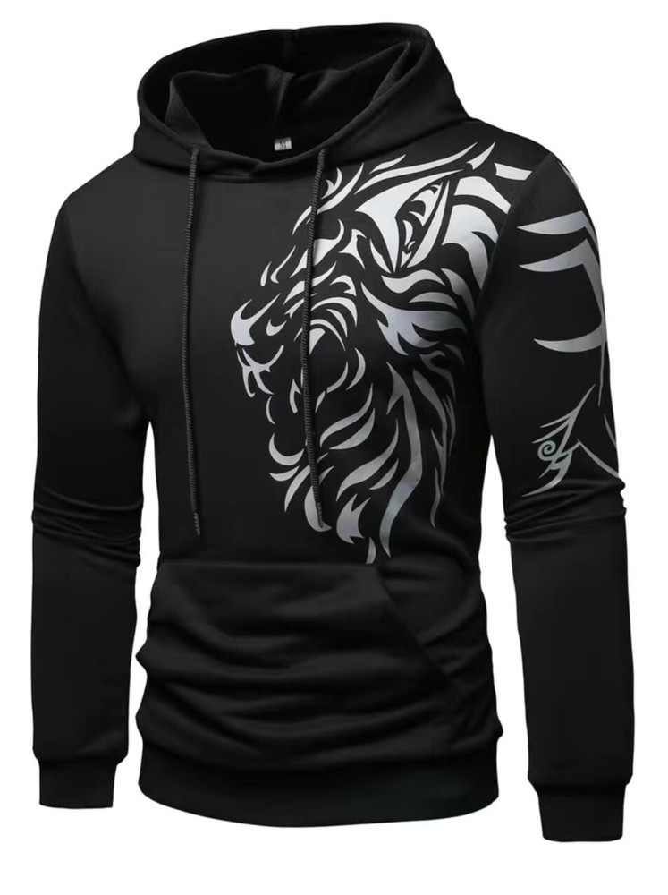 Men's Black Hoodie XL Silver Lion Abstract Graphic Print Cool Style-image