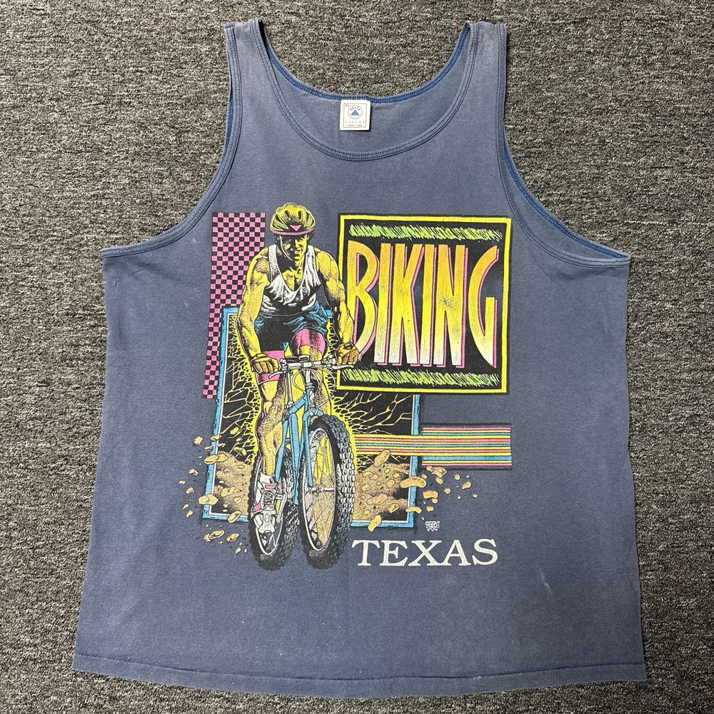 Vintage 90s Texas Biking Cycling Marathon Faded Blue Tank Top Shirt - Size XL
