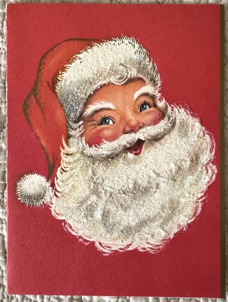 Unused Christmas Santa Face Sparkle Beard Fur Hat Vtg Greeting Card 1950s 1960s
