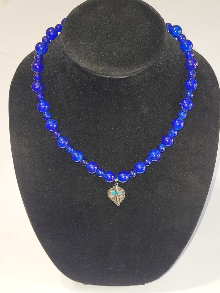 Vintage Cobalt Blue Glass Beaded Necklace Double Strand Silver Tone Clasp...