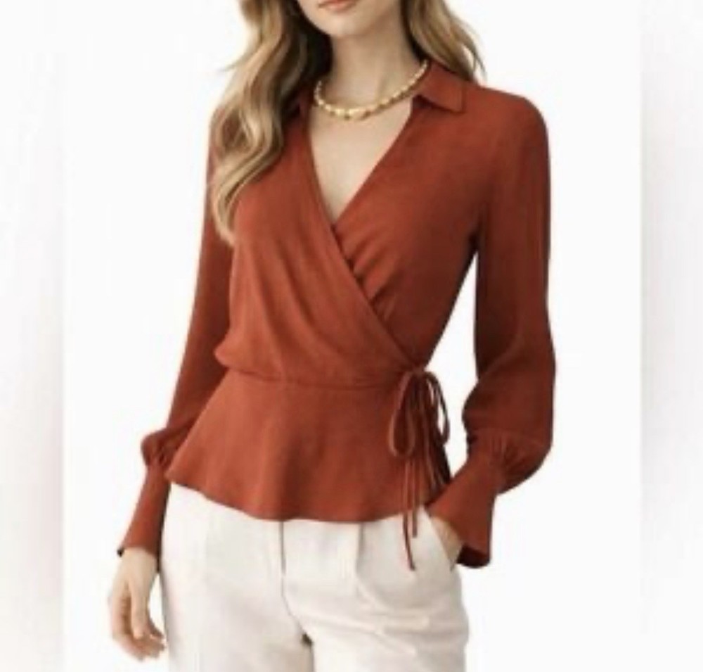 J. Crew Women’s Rust-Colored V-Neck Long-Sleeve Wrap Peplum Blouse Size 8