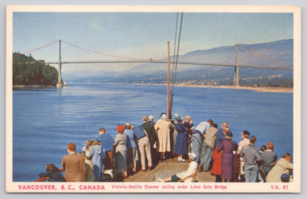 Lions Gate Bridge Vancouver BC Steamer Victoria Seattle Chrome Postcard