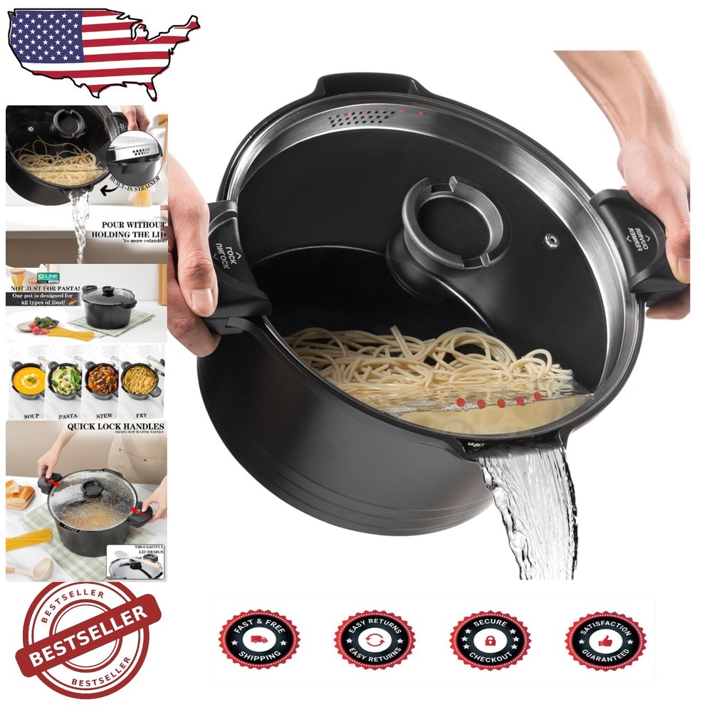 Stylish Black 8.5qt Induction Pasta Pot with Handy Strainer - Easy Clean Design