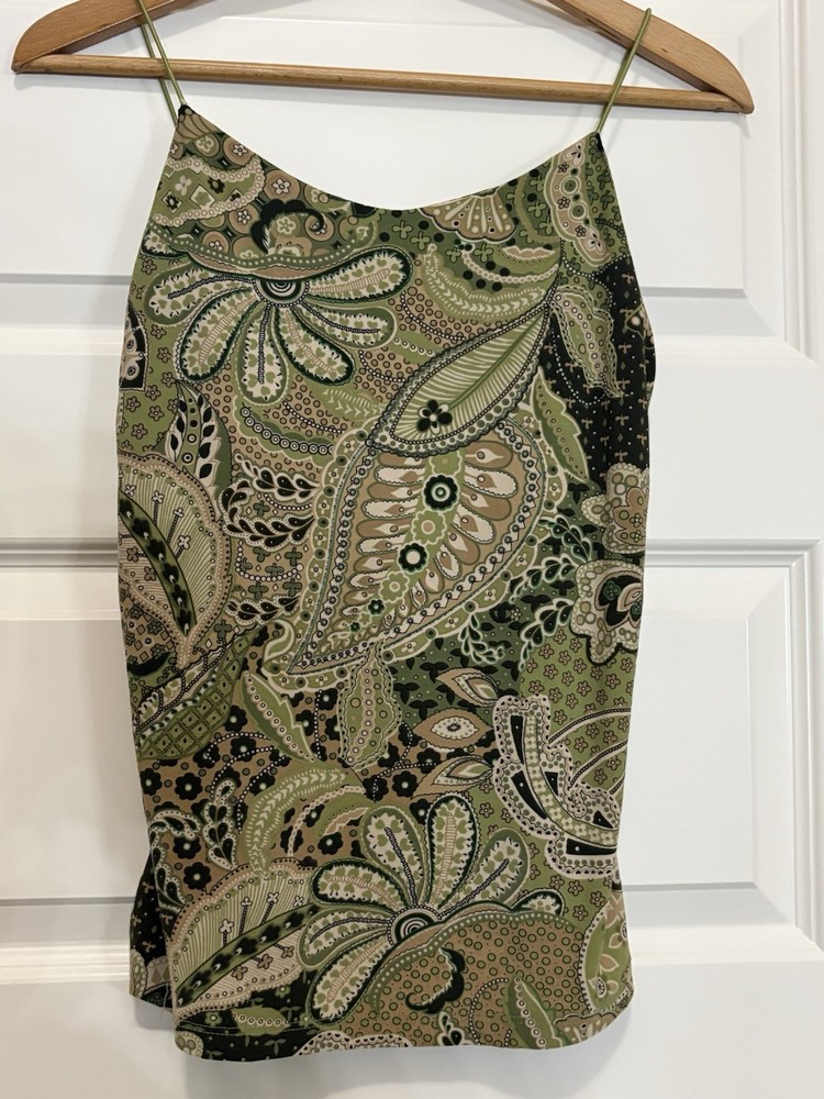 Women's Green Beige Black Paisley Scoop Neck Sleeveless Camisole Tank M