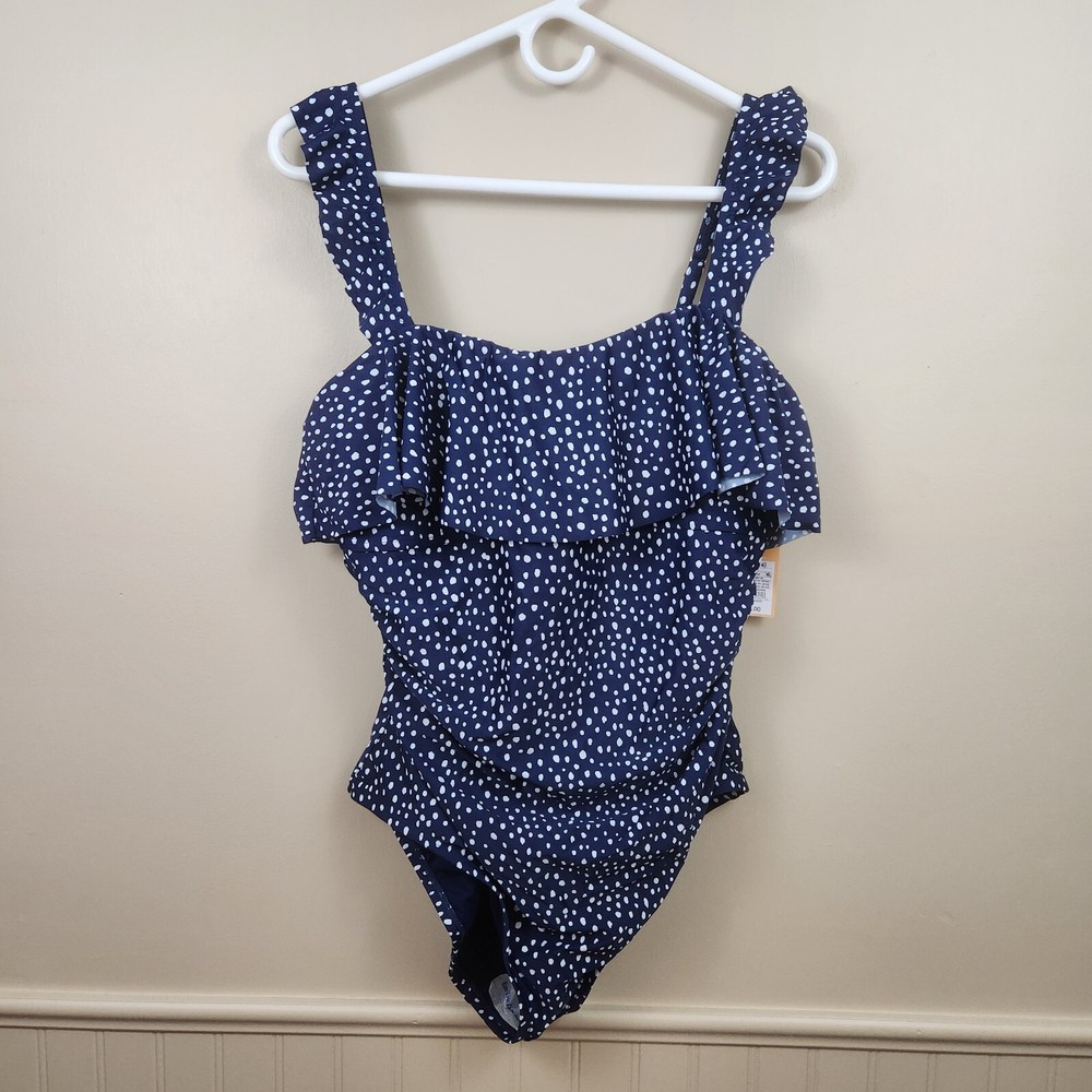 KONA SOL Women's Ruffle One Piece Swimsuit Full Coverage Swimwear Navy Blue SZ L