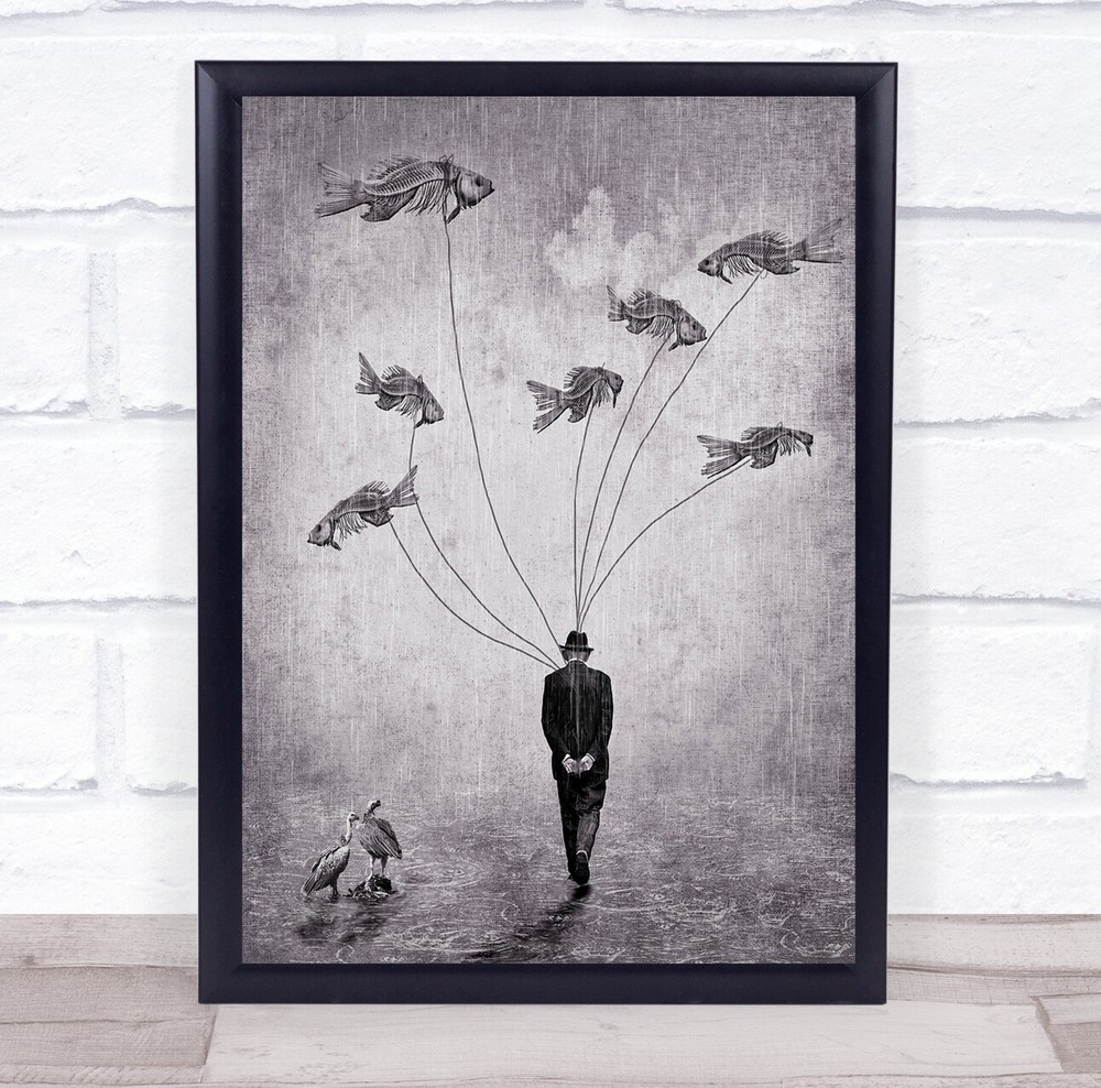 Man Monochrome Rain Rainy Cloudy Walk Walking Behind Back Fish Wall Art Print
