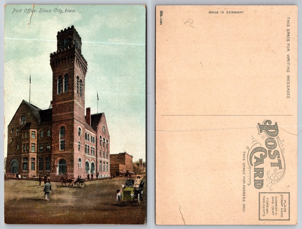 Sioux City Iowa Post Office Historic Clock Tower Vintage Postcard c1910 German