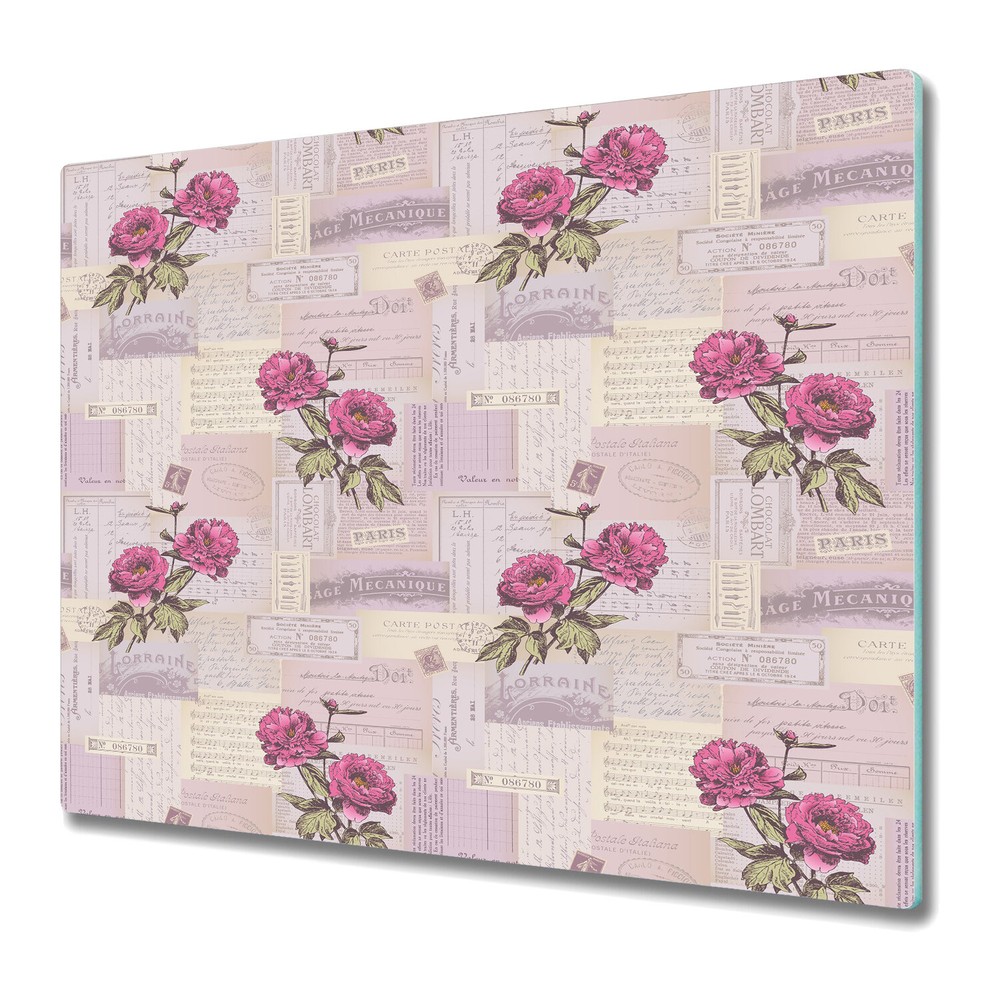 Tempered Glass Chopping Board Peonies paper collage pink and green 60x52