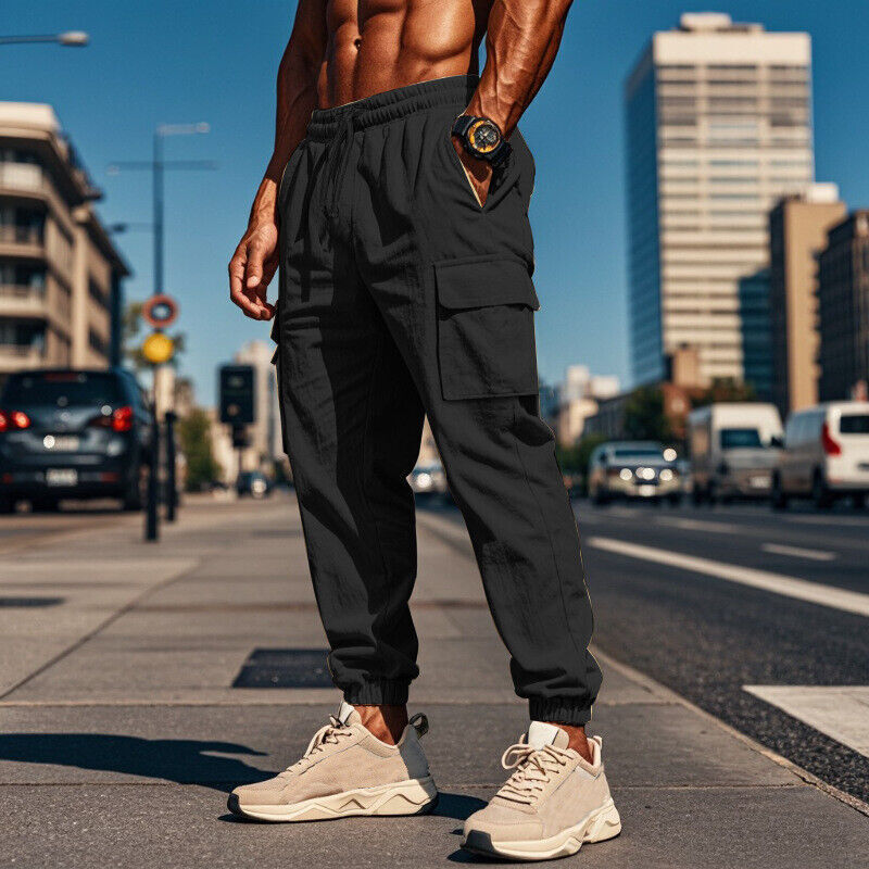 Men's  Cargo Pants Casual Drawstring Multi-pocket Thin Linen Blend Sport Trouser