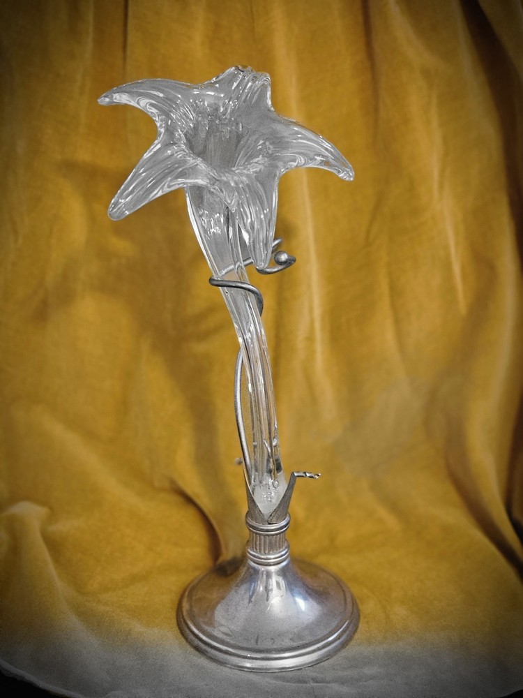 MCM Clear Glass Vase With Silver Metal Attached Base