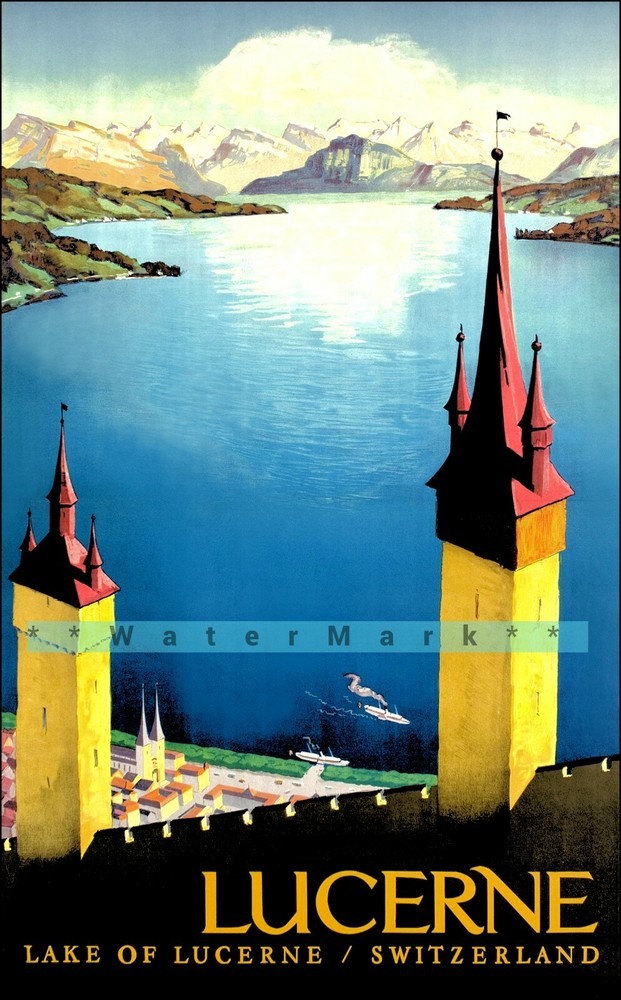 Lake Lucerne Switzerland 1930 Vintage Poster Print Retro Style Travel Decor Art