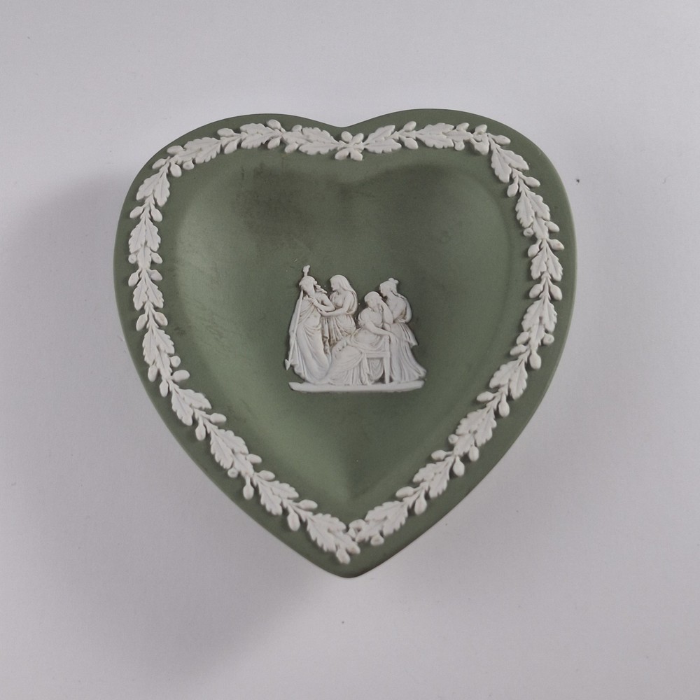 vintage Wedgwood Jasperware heart-shaped trinket dish in sage green Neo-classic