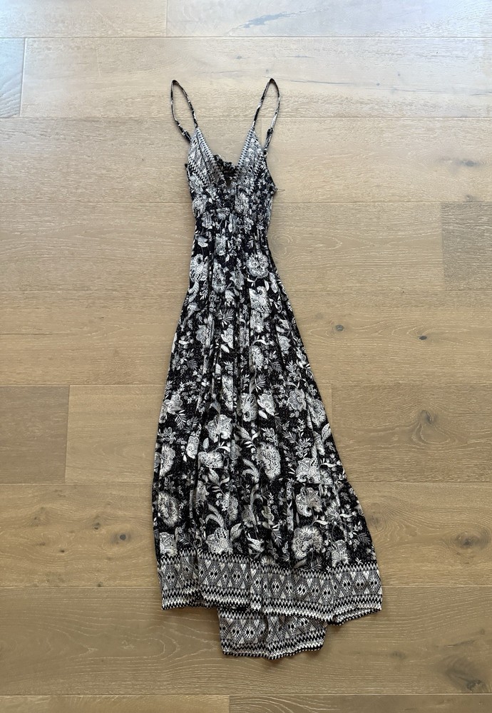 Angie Black V Neck Maxi Sun Dress Floral Tribal Sleeveless Women’s Size S Dress