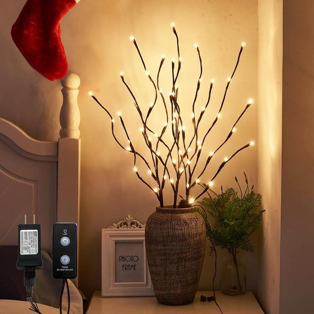 Lighted Brown Branches with Timer, 30 Inch 3-Pack 60 LED Pathway Lights, Willow Tree Decorative Outdoor Lighting for Gardens, Patios, or Yards