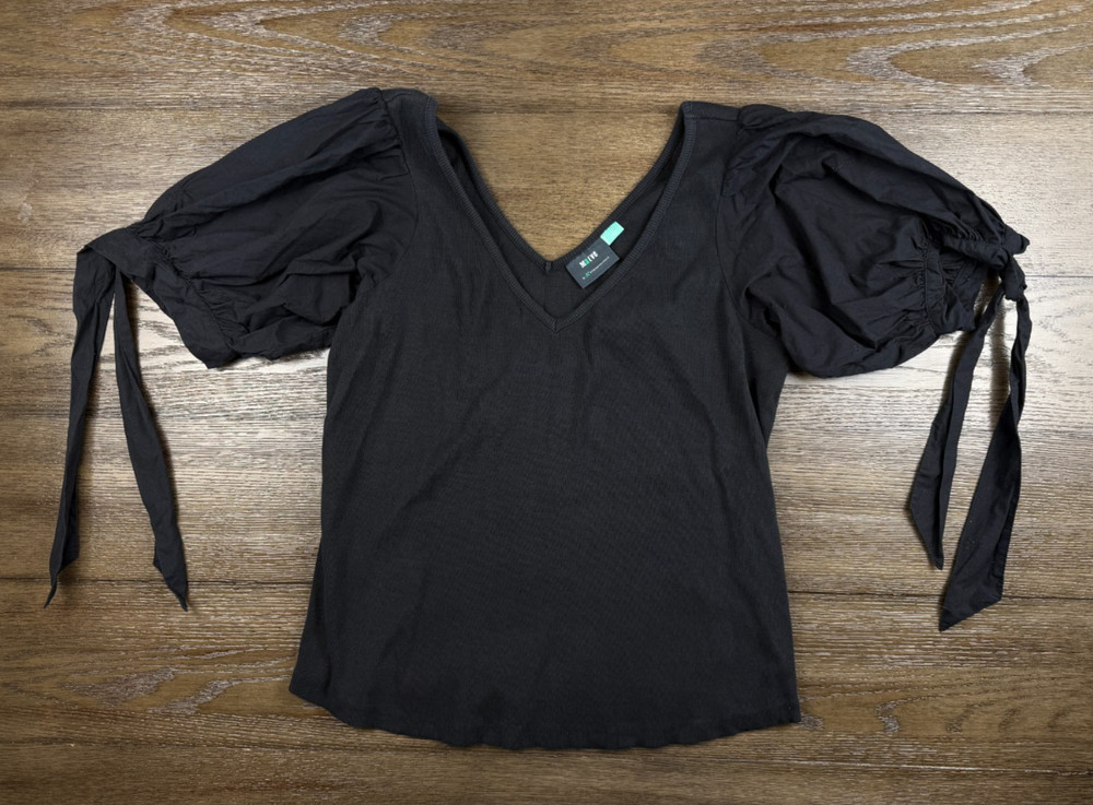 Women’s Maeve Anthropologie Boho Black Ribbed Puff Sleeve Tie Blouse Top SZ XL