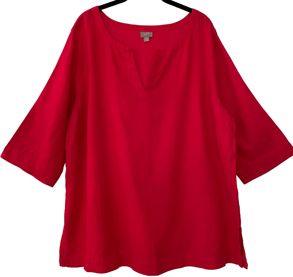 J. Jill size 2X linen v-notch tunic top vibrant red  PAtRiOTic FeSTiVAL CoASTaL