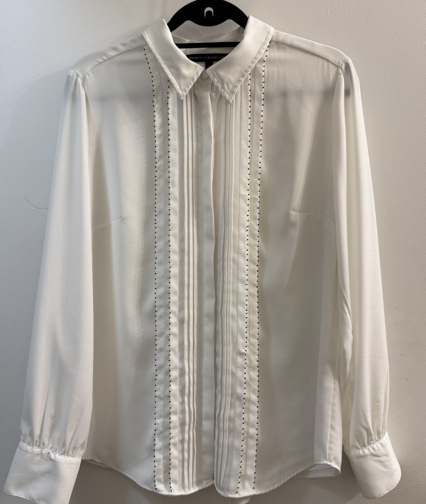 White House Black Market Ivory Pleated Beaded Blouse Sz 12 Tuxedo Style Career
