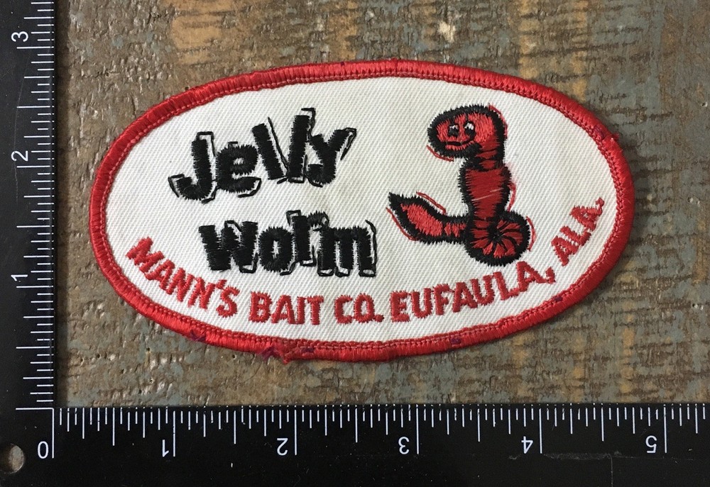 Vintage JELLY WORM Mann’s Bait Company Logo Patch Angler Fishing Lures 1970s