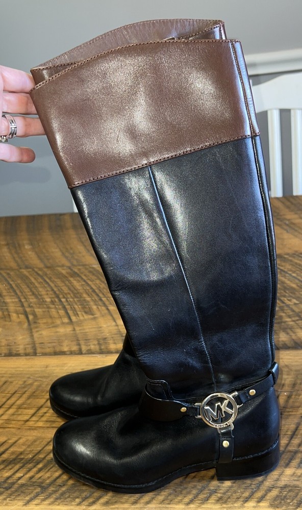 Michael Kors Tall Two Tone Brown Black Leather Riding Boots Women Size 5.5