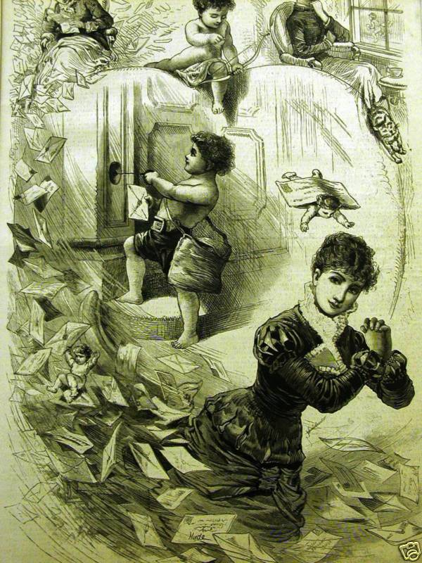 ST. VALENTINE'S DAY CUPIDS LETTERS HARP 1883 Art Matted