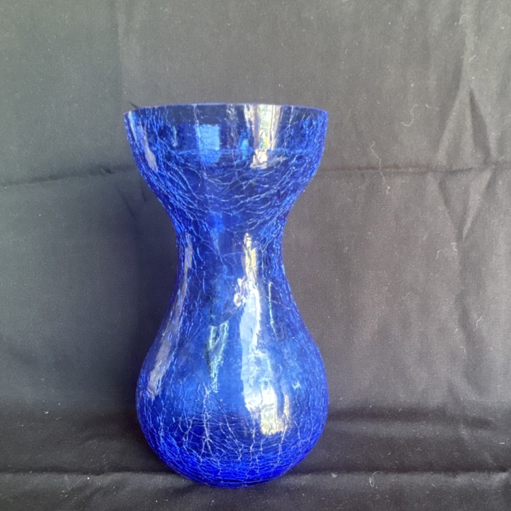 vintage hand-blown cobalt blue crackle art glass vase