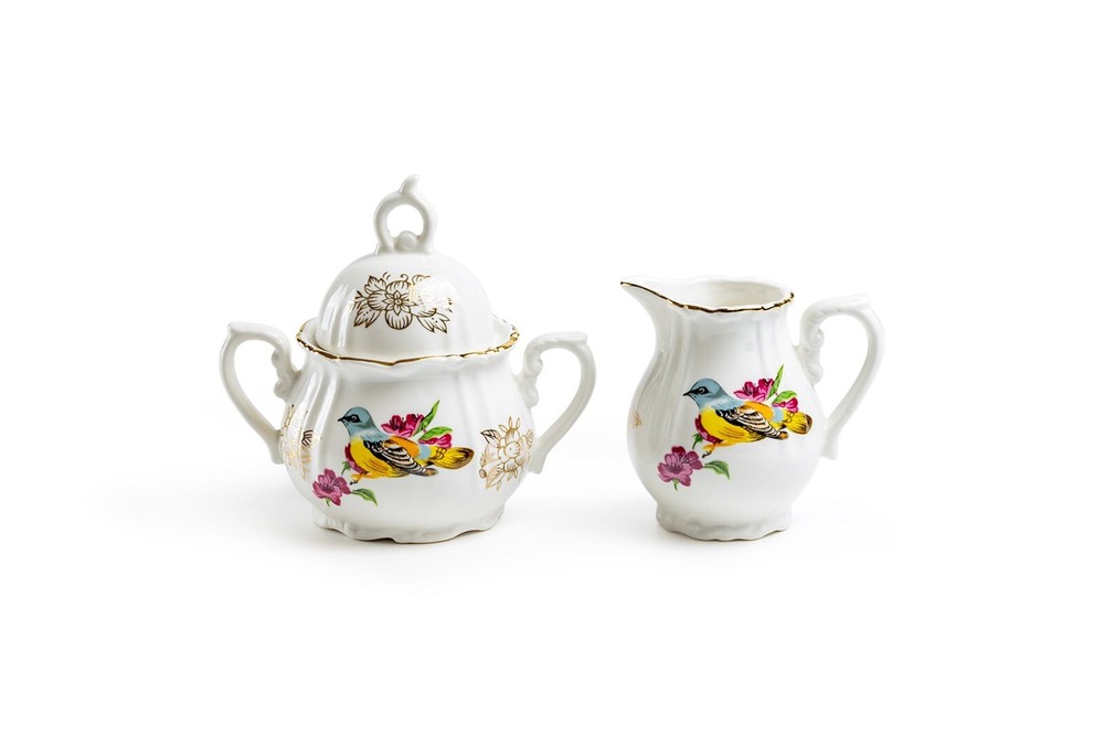 Grace Teaware Spring Flowers with Bird Fine Porcelain Children's Sugar & Creamer