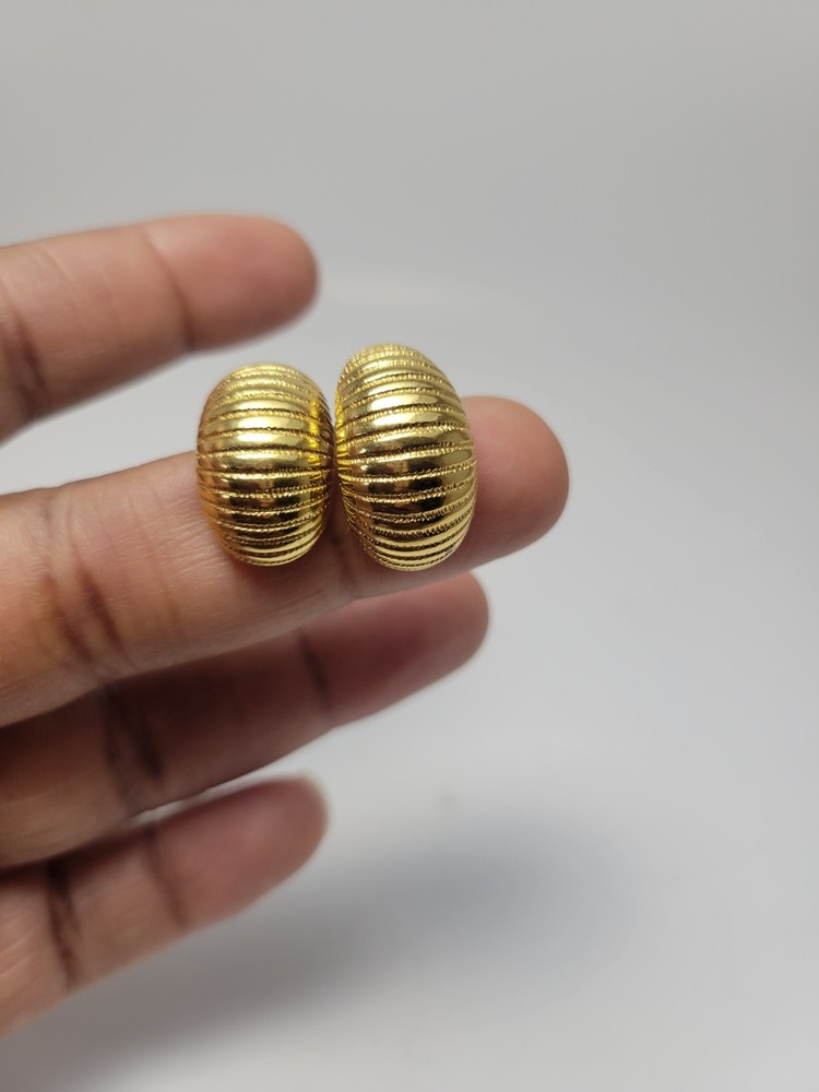 Monet Gold Tone Ribbed Dome Half Hoop Earrings Vintage 1980s Post Back Signed