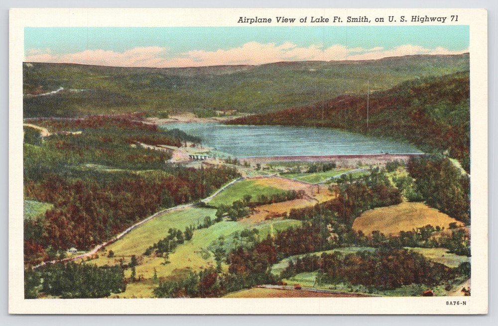 Ft Smith Crawford Co AR~Aerial View Lake Ft Smith On US Hwy 71~Vintage Linen PC