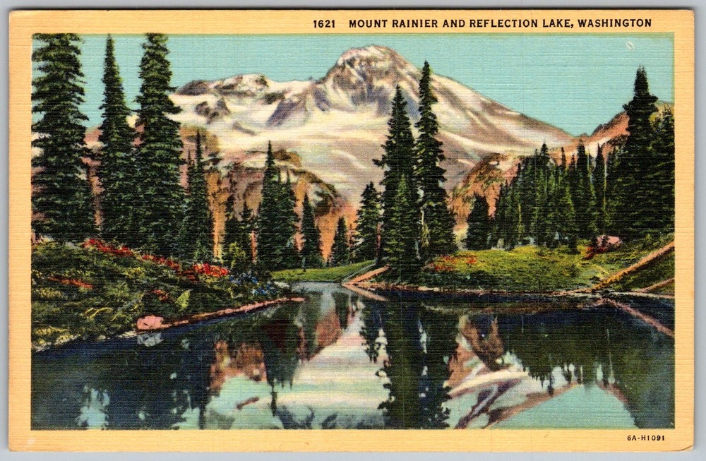 Vtg Linen Postcard Reflection Lake Mount Rainier, WA 1940s
