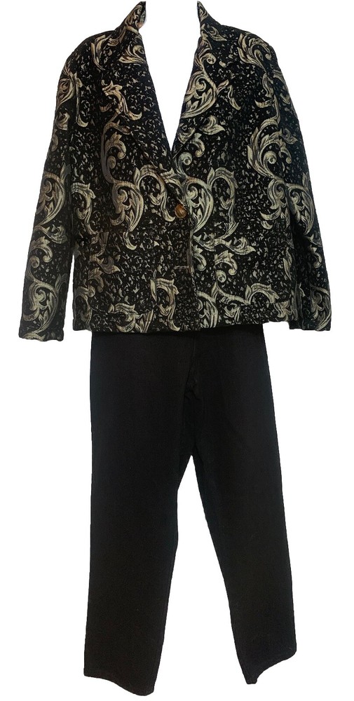 Traje/Chaqueta L de chenilla negra y dorada de 2 piezas/Jeans Bill Blass para mamá 16 abuela-image