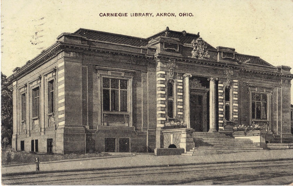 Akron OH Carnegie  Library   1909  DB  B/W  Postcard *